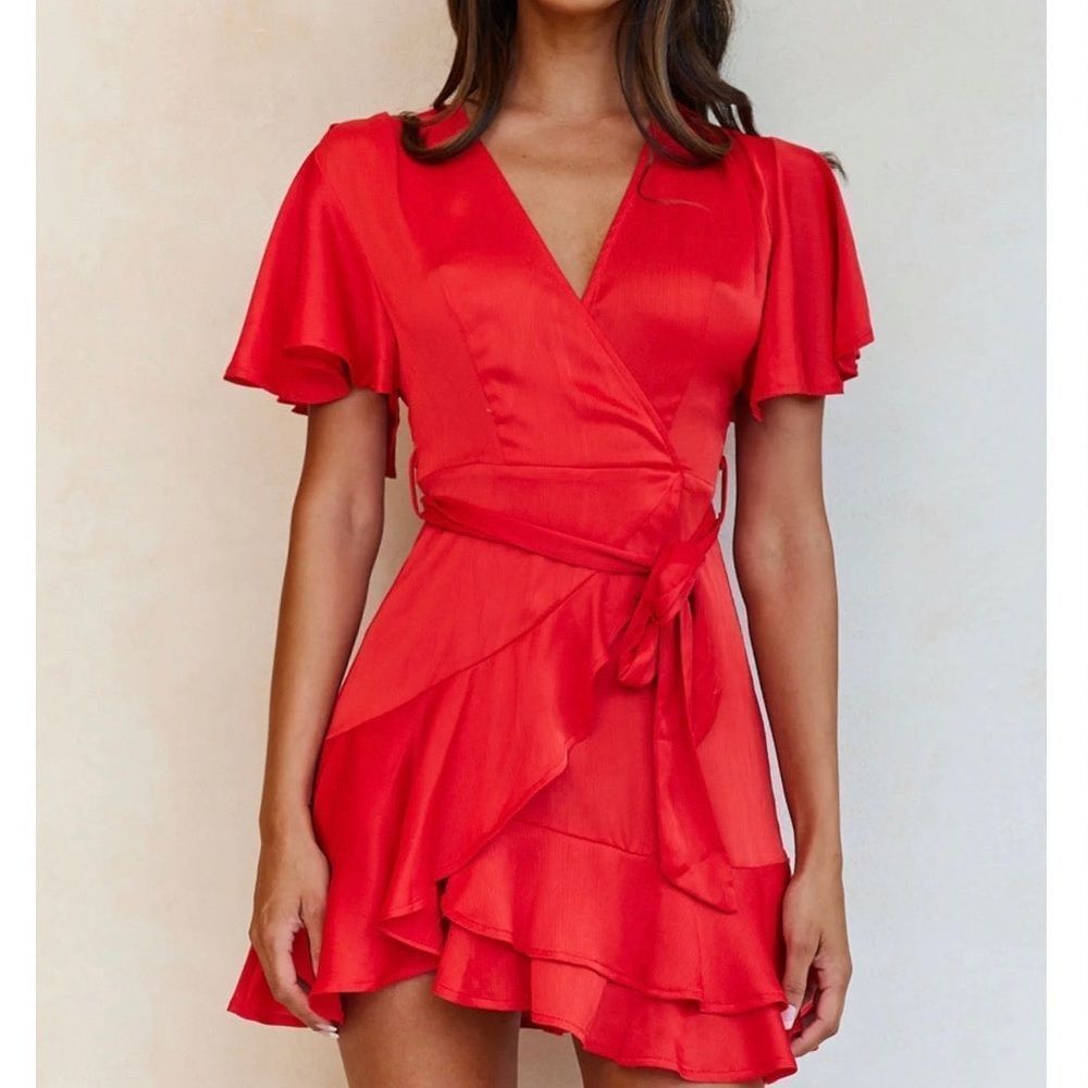 NWOT Selfie Leslie Cami Angel Sleeve Faux Wrap Red Dress Size M